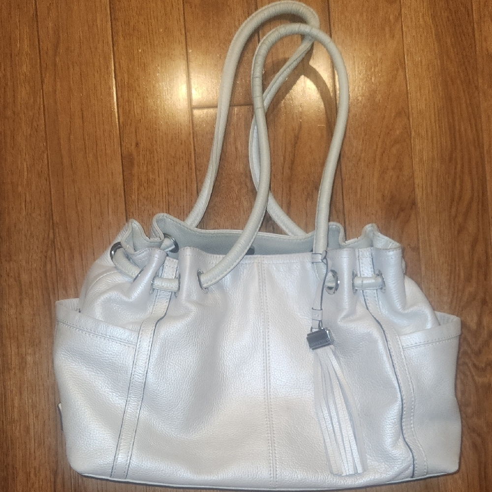 Tignanello Soft Pebbled Leather Drawstring Tote Shoulder Pearl Bag